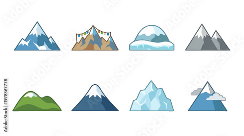 Different types of mountains and ice in a simple design showing various shapes and colors