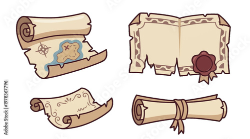 Different types of scrolls and maps showing various designs and features in simple cartoon style