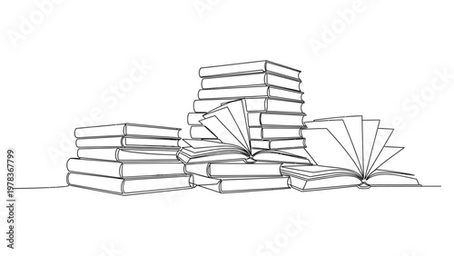 A stack of books in a simple line drawing style. Continuous line style. Hand drawn. Line art. Vector design. illustration