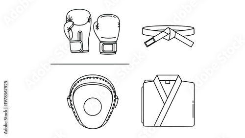 Martial Arts Essentials: Illustrated display of the gear required for both boxing and karate, encompassing gloves, a belt, a pad, and a uniform.