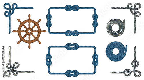 Rope designs featuring knots and a ship's wheel in a simple layout for marine themes and nautical projects