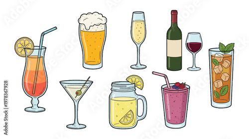 Different types of drinks are displayed on a table for a party or gathering at a bar