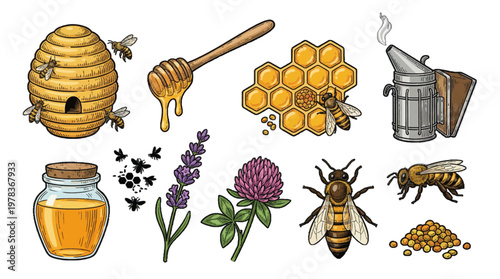 Bees and honey represented through various elements like hives, honey jars, flowers, and tools at a garden setting