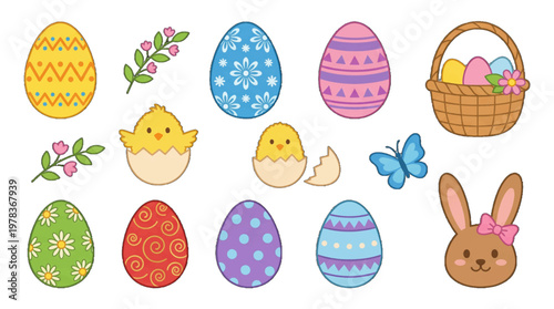 Easter eggs, chicks, flowers, and a basket show celebration and fun for children in a colorful design for spring season arts and crafts