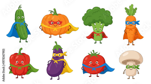 Cartoon vegetables wearing capes gather with smiles and colors on a white background during a fun and playful moment