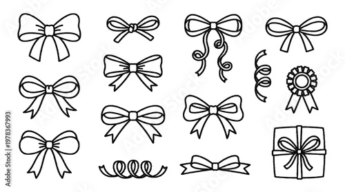 Different types of bows for gifts, decorations, and crafts shown on a plain background for arts and design purposes
