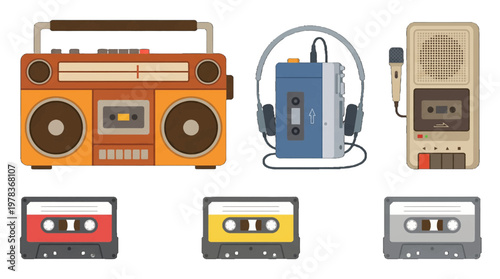 Old school audio devices and cassette tapes display different styles in a simple setup