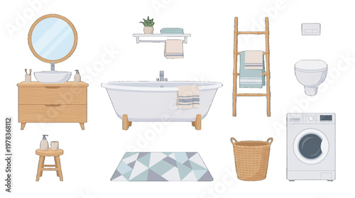 Modern bathroom design with furniture and fixtures including a bathtub, sink, washing machine, and accessories