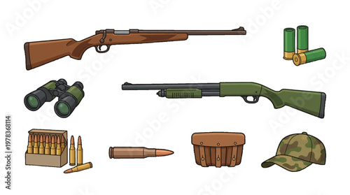 Different types of guns and hunting equipment like shells and binoculars displayed on a white background