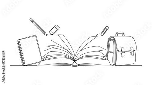School supplies and books on a desk. Continuous line style. Hand drawn. Line art. Vector design. illustration