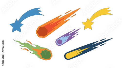 Five colorful comets flying through the night sky with trails of light and energy behind them