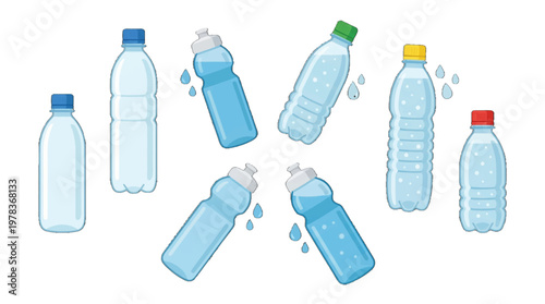 Water bottles in various shapes and colors with drops of water on a plain background