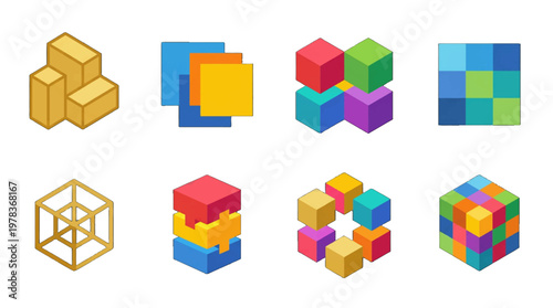 Shapes and blocks are arranged in various patterns representing three-dimensional forms and designs in a digital format