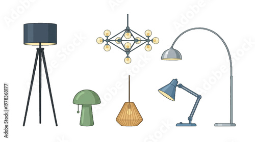 Collection of different lamp designs in various shapes and styles on a white background showcasing lighting options for homes