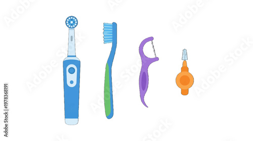 Different types of dental care tools placed in a row on a plain background, showing their unique designs and functions for oral hygiene