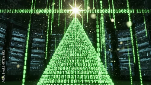 Digital Christmas tree with binary code for commercial backgrounds, digital design, and advertising