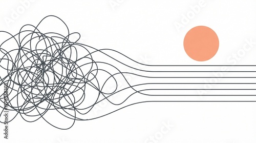 Foto Abstract chaos to order and problem solving concept with tangled lines untanglin