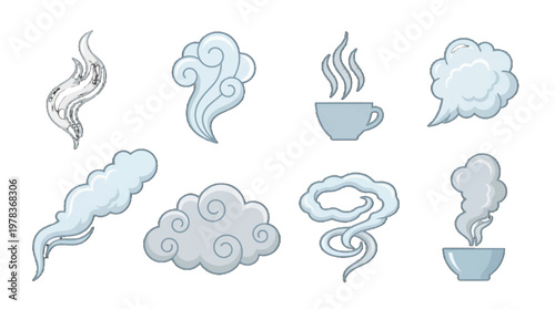 Different types of smoke and steam shapes with cups and bowls in a simple design