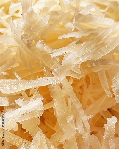 Close-up of translucent, light yellow, irregularly shredded food pieces, resembling grated fruit or vegetable