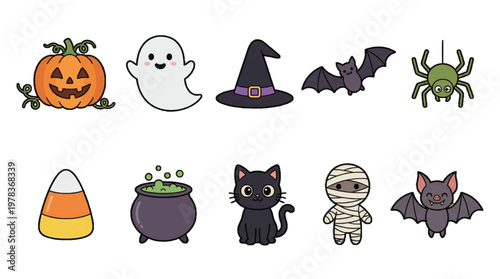 Halloween icons include pumpkin, ghost, witch hat, bat, spider, and black cat in a simple colorful design