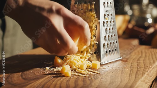 Person grating cheese on wooden surface for commercial backgrounds, digital design, and advertising