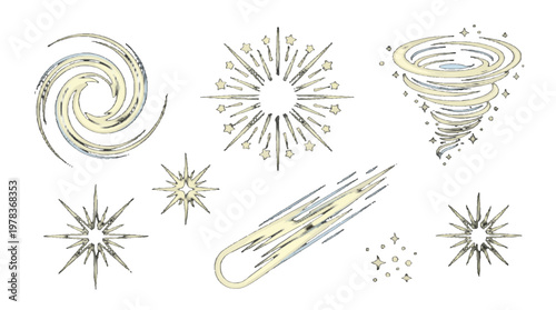 Bright stars, a swirling galaxy, and a comet across a white background in a creative design for space themes