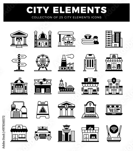 Collection of black and white city element icons for urban planning and graphic design.  Vector graphics illustrating buildings and transport with clear backgrounds.