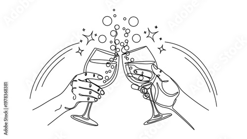 Two hands clinking wine glasses together. Continuous line style. Hand drawn. Line art. Vector design. illustration