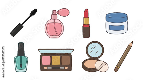 Makeup products are shown on a white background with various items like lipstick and nail polish arranged in a creative way