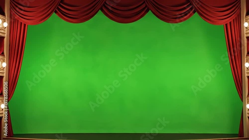 Red theater curtains with green screen for commercial backgrounds, digital design, and advertising