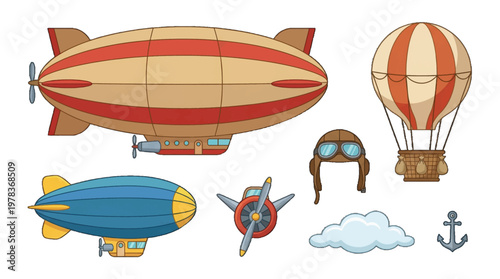 Air balloons and airships display colorful designs with simple shapes and playful details in a fun layout suitable for children's projects