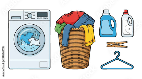 Washing clothes in a machine with laundry basket and detergent on a clear day