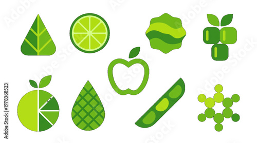 Green food symbols show fruits, vegetables, and plants in simple designs on a white background for healthy lifestyle choices