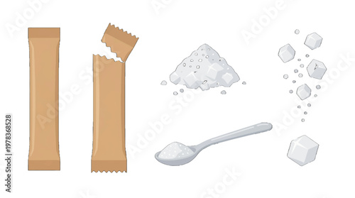 Sugar packets and different forms of sugar on a clean surface in a simple kitchen setup during the day