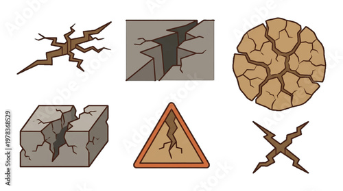 Cracks and fissures in different surfaces showing damage and earth formations during daylight
