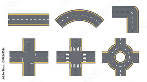 Different types of road shapes and layouts shown in a simple design for urban planning and development