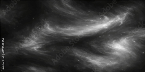 A swirling panorama of celestial clouds dancing in the vast, inky expanse of space, punctuated by the soft glimmer of distant stars, evokes a sense of awe, wonder, and mystery.