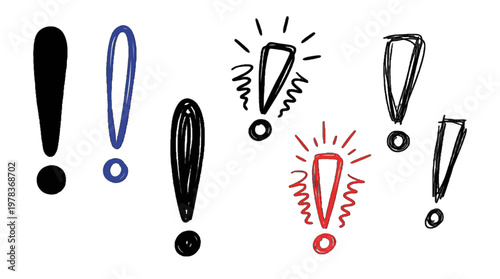 Different designs of exclamation marks in various colors and styles on a white background showing creativity and variety in expression