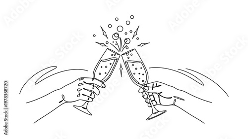 Hands clinking champagne glasses in celebration. Continuous line style. Hand drawn. Line art. Vector design. illustration