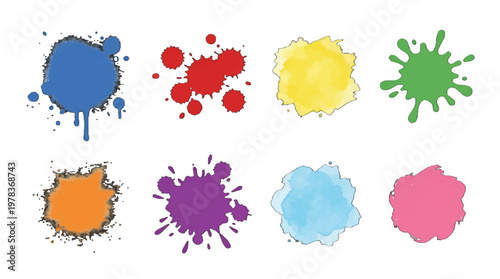 Various colorful paint splashes arranged in two rows showcasing different colors and shapes in a simple design