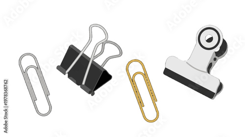 Different types of paper clips and binder clips are shown on a white background in a simple layout for office supplies
