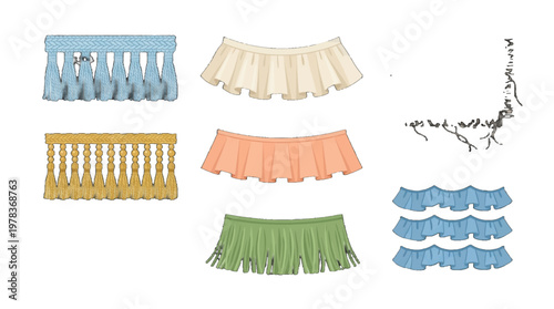 Different types of decorative ribbons and trims for crafting and design projects displayed on a plain background