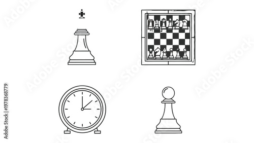 Strategic Timing: A Collection of Chess and Time Elements. A monochromatic composition featuring chess pieces and a clock face, symbolizing strategic gameplay and the element of time in board games.