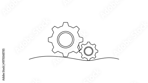 Two gear wheels on a line. Continuous line style. Hand drawn. Line art. Vector design. illustration