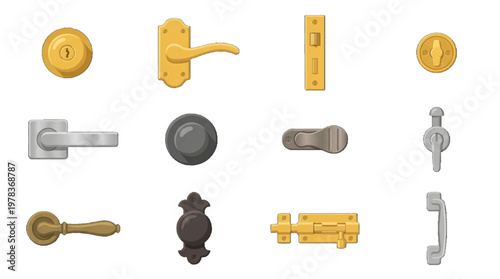Collection of various door handles and locks displayed on a white background