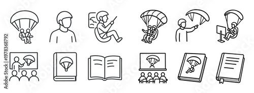 Training icons with parachute person book outline