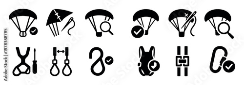 Safety icons with parachute and harness glyph