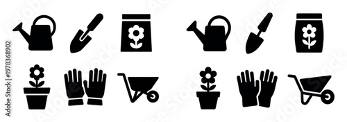 Gardening icons with watering can trowel minimal