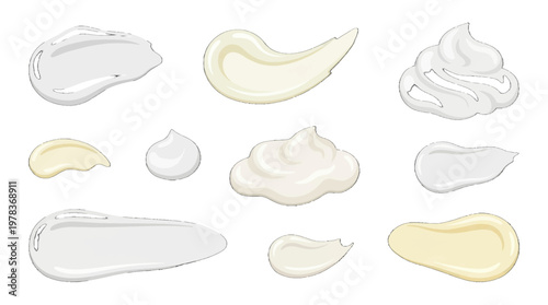 Different types of cream and lotion displayed on a white background for product presentation and design purposes