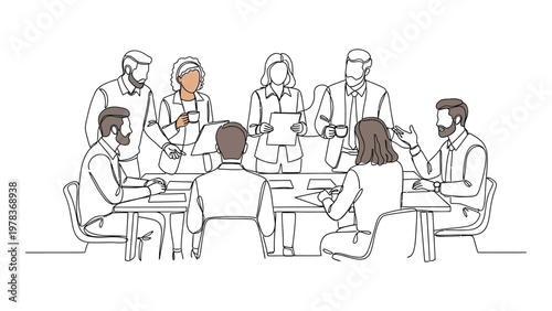 A diverse group of business professionals collaborating around a table. Continuous line style. Hand drawn. Line art. Vector design. illustration